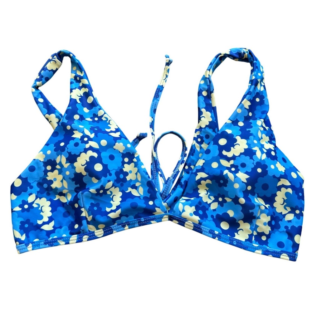 Blue Floral Bikini Top Retro Daisy Print Tie Back Swimwear Small